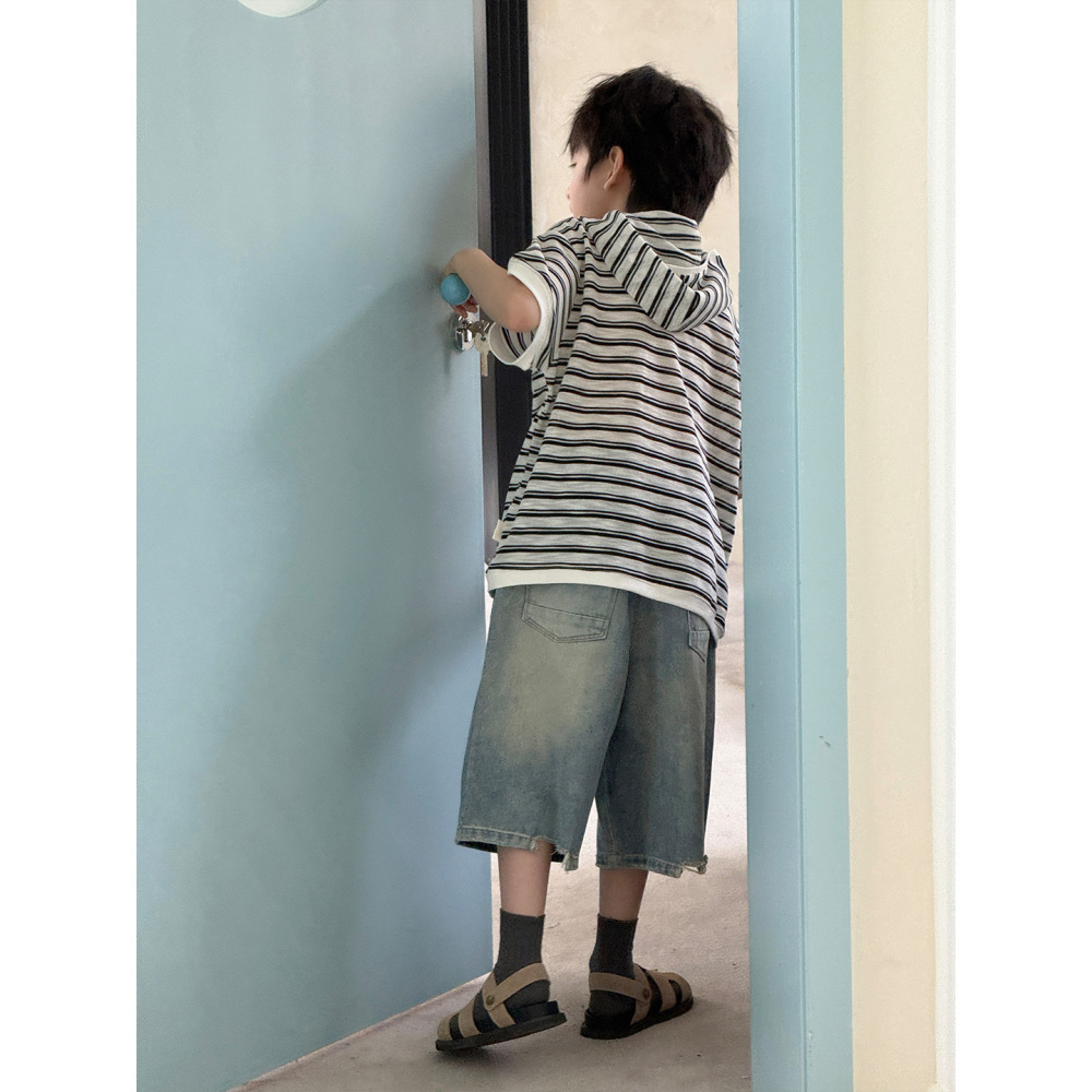 2026儿童短袖夏装男女童新款韩版撞色条纹设计套头连帽宽松T恤潮
