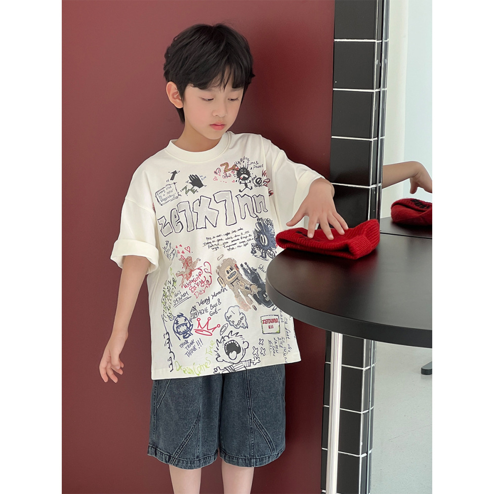 2026夏季新品男童女童时尚韩版创意印花休闲宽松短袖圆领套头T恤