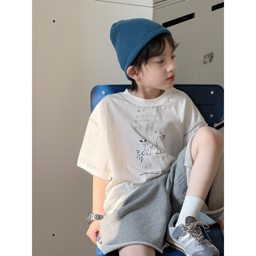 新品2026夏装韩版做旧街头风儿童短袖休闲潮流印花男女童T恤童装