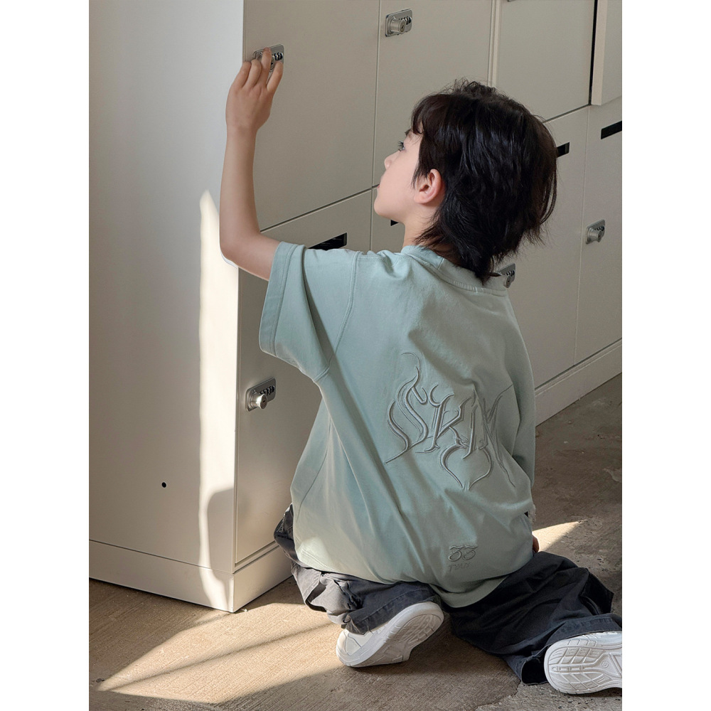 儿童ins潮夏季2026新款男童女童装个性绣花短袖宽松圆领套头T恤潮