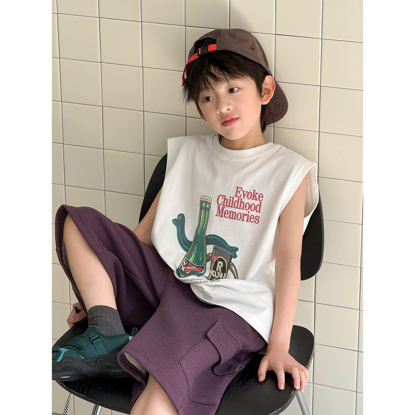 2026新品夏季儿童韩版男童时尚美式印花无袖宽松休闲圆领背心上衣