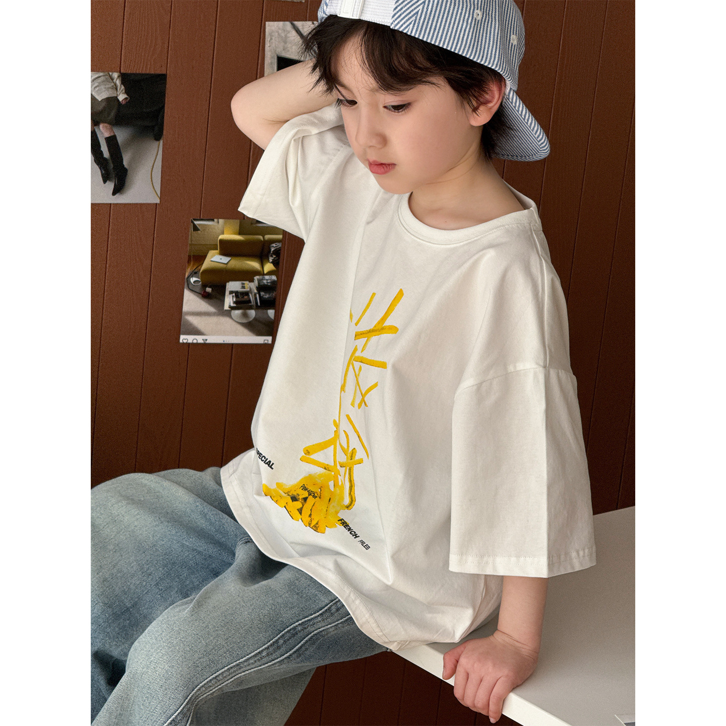 儿童短袖T恤2026夏季新款男女童宝宝趣味薯条印花休闲圆领上衣潮