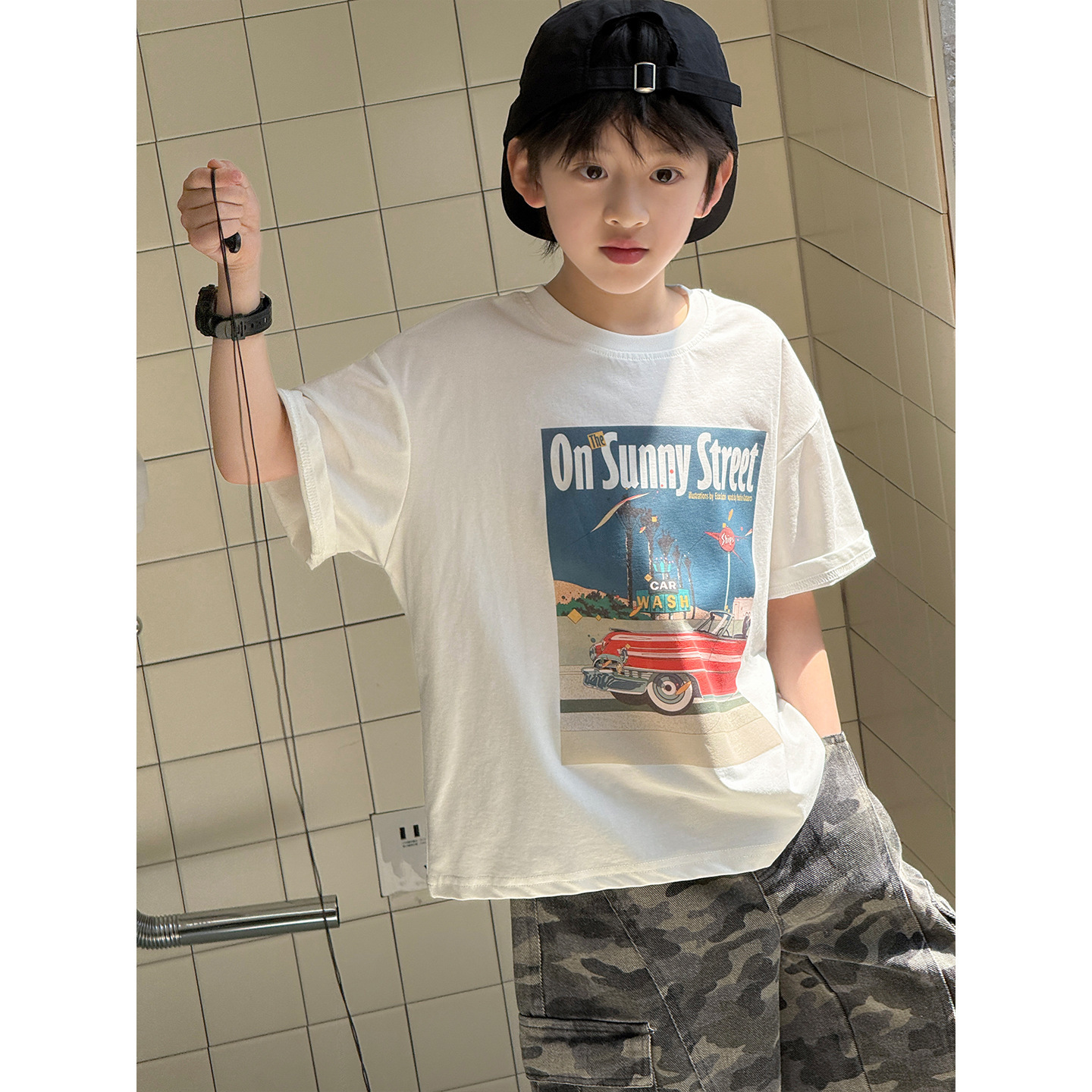 2026夏装韩版美式印花儿童短袖休闲宽松男童女童落肩T恤潮牌童装