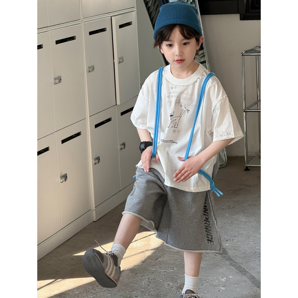 新品2026夏装韩版做旧街头风儿童短袖休闲潮流印花男女童T恤童装