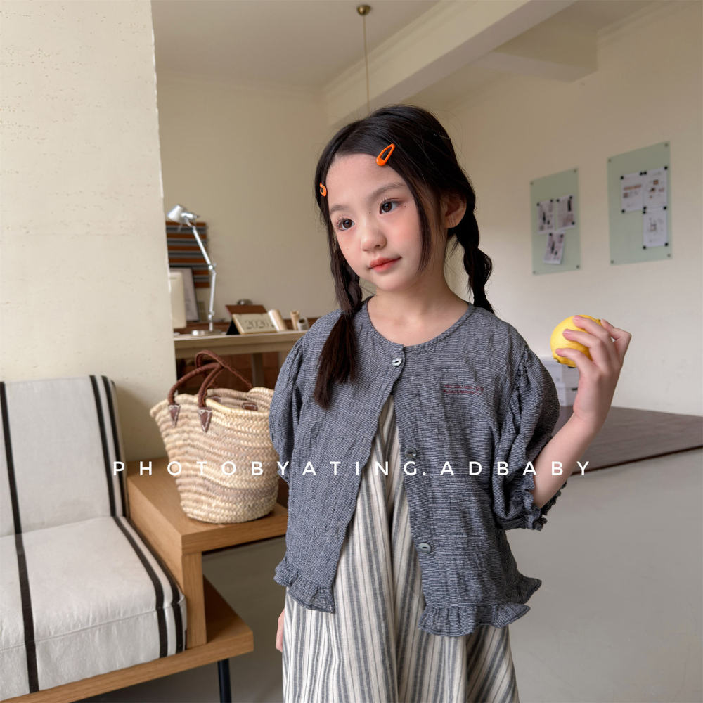湖州织里童装夏季女童夏装韩版麻棉泡泡袖短袖衬衫衬衣防晒衣7209