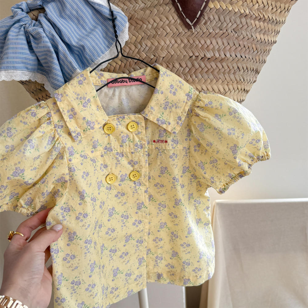 湖州织里童装夏季新品女童夏装韩版刺绣泡泡袖短袖衬衫衬衣6273
