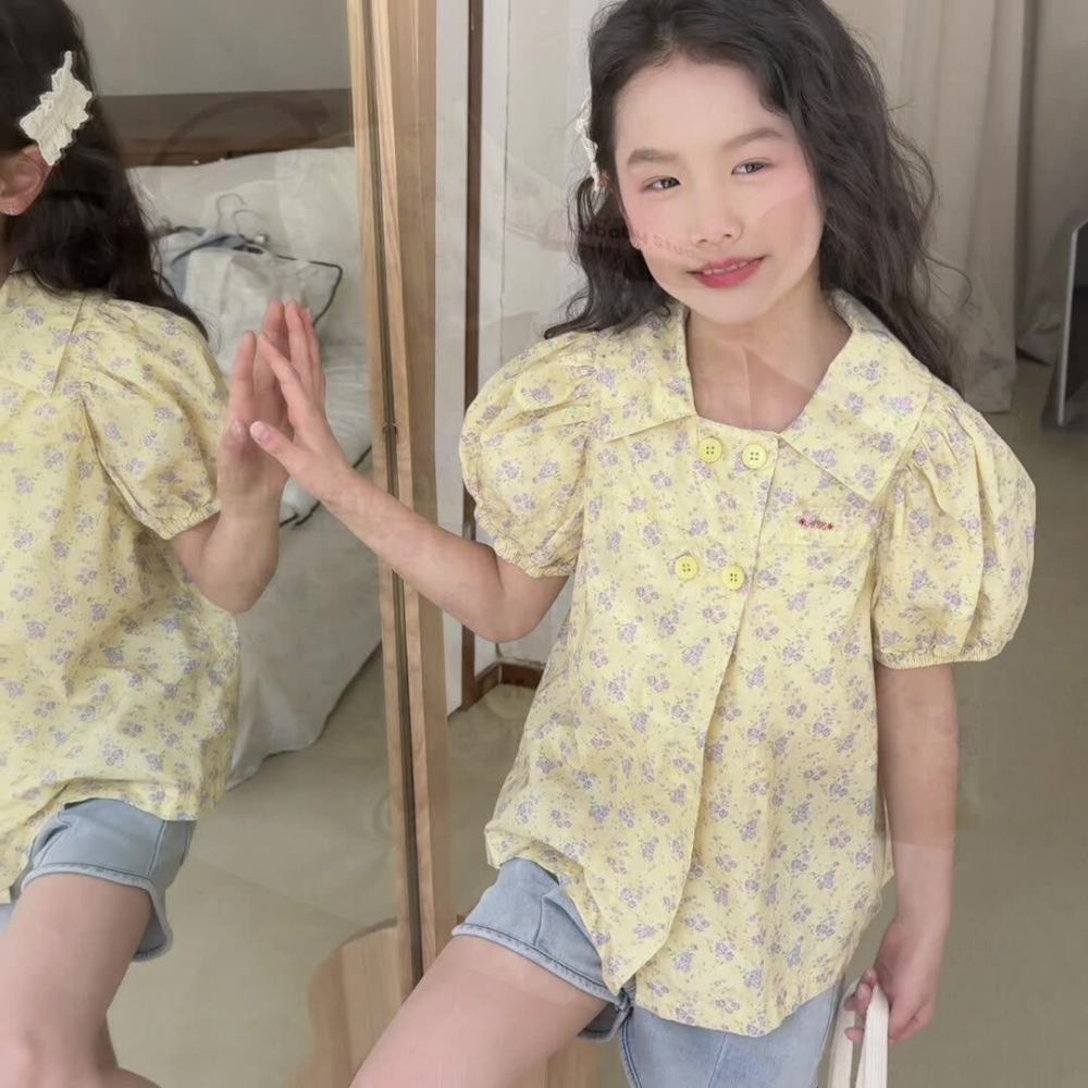 湖州织里童装夏季新品女童夏装韩版刺绣泡泡袖短袖衬衫衬衣6273