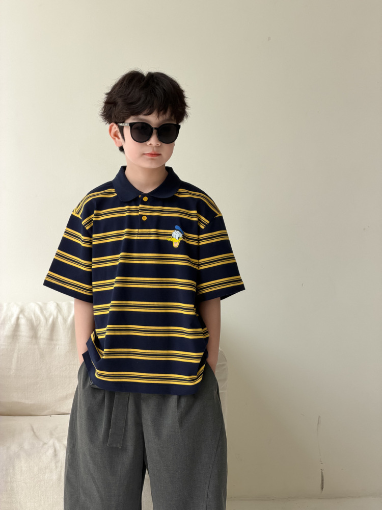 末小蒙童T恤2026夏季男童女童韩版条纹POLO上衣儿童宽松休闲短袖