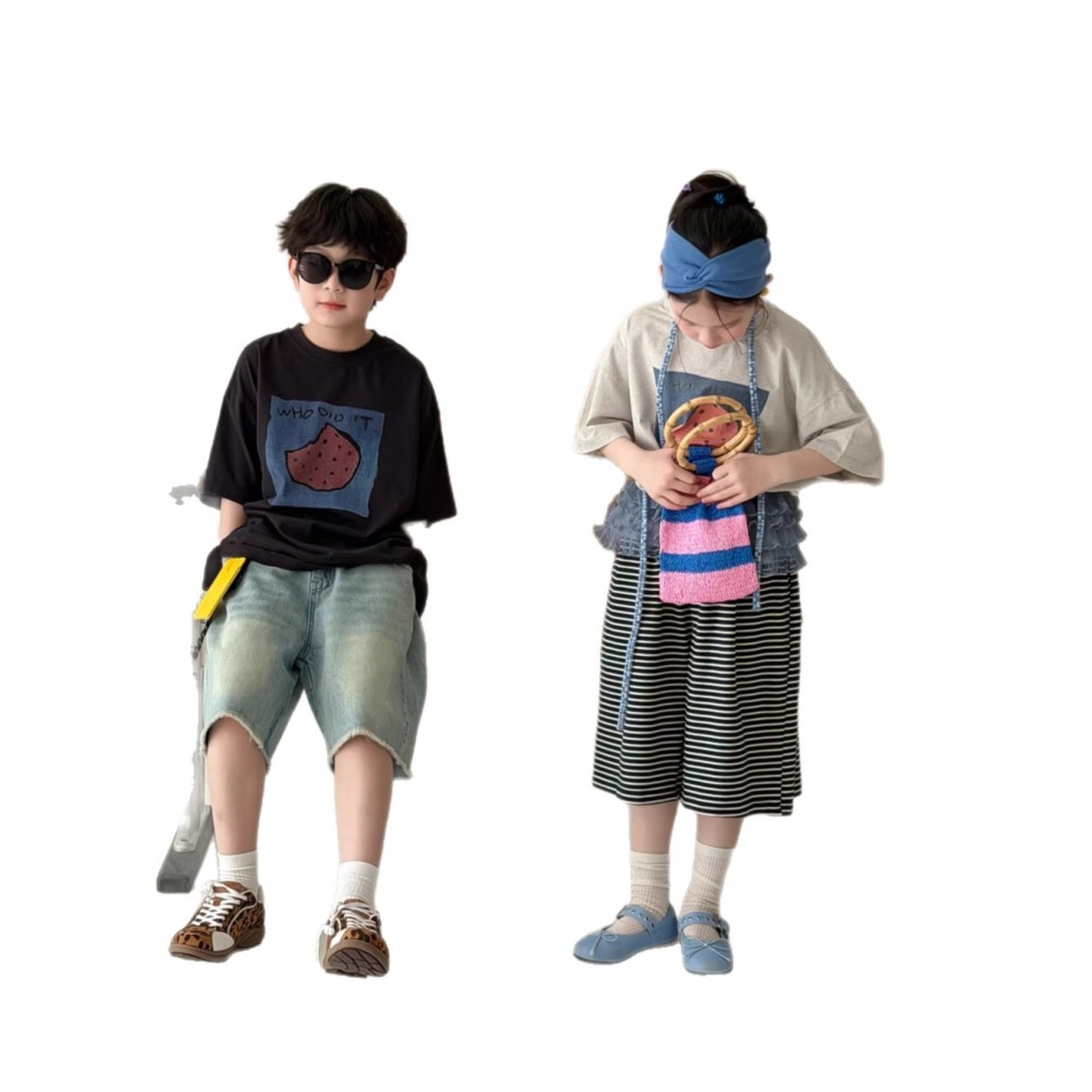 末小蒙童T恤2026夏季男童女童韩版宽松字母短袖儿童圆领休闲上衣