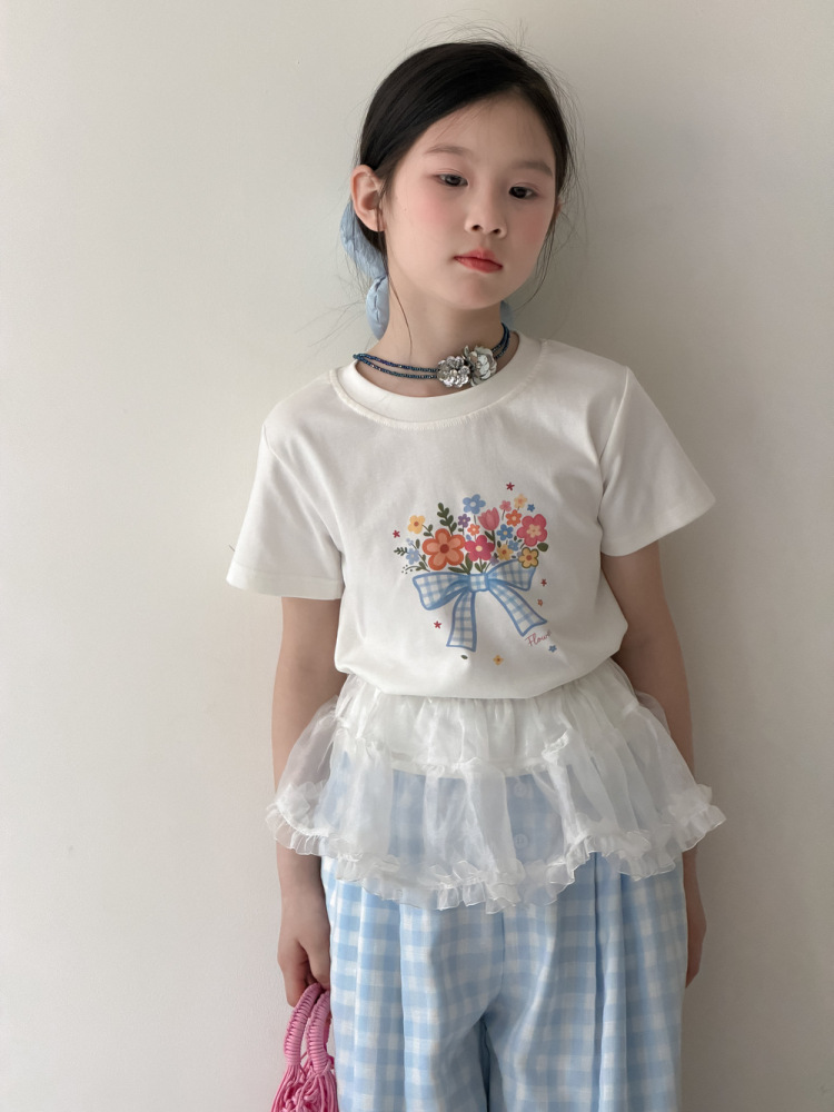 末小蒙童T恤2026夏女童韩版蝴蝶结花朵短袖儿童圆领宽松休闲上衣