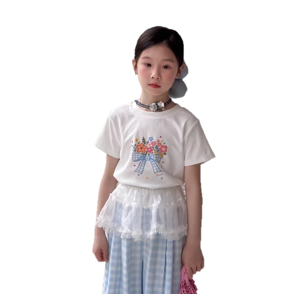 末小蒙童T恤2026夏女童韩版蝴蝶结花朵短袖儿童圆领宽松休闲上衣