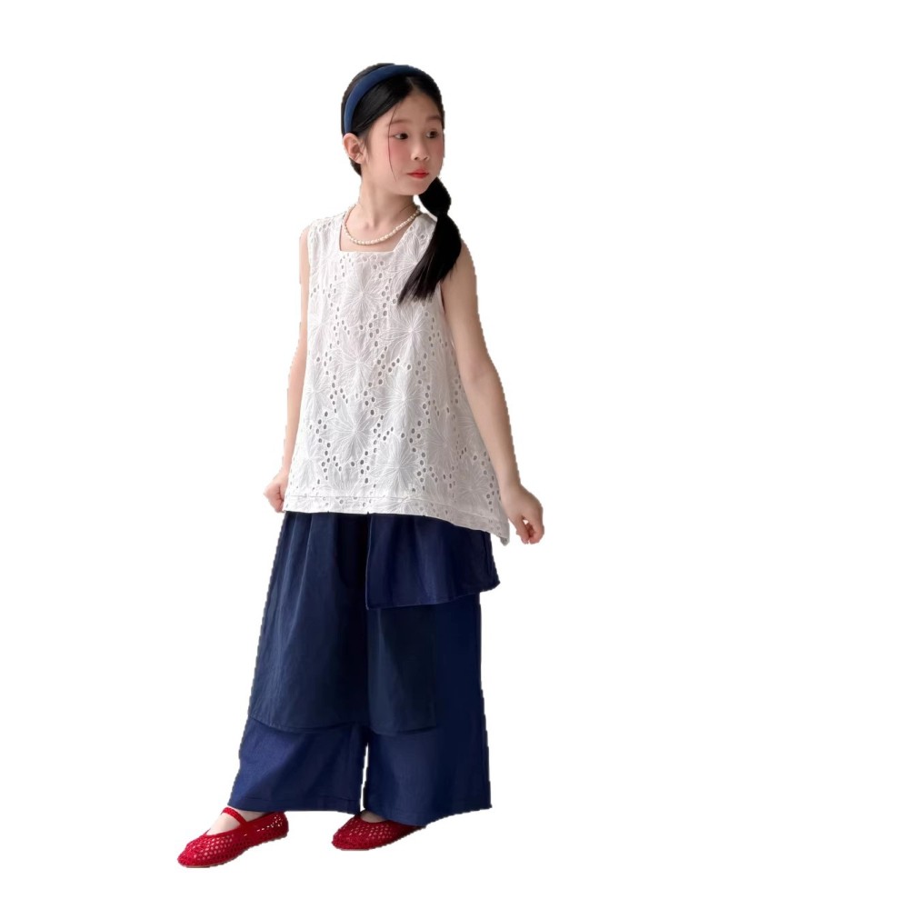 末小蒙童吊带衫2026夏女童韩版纯色镂空无袖上衣儿童休闲燕尾衬衫