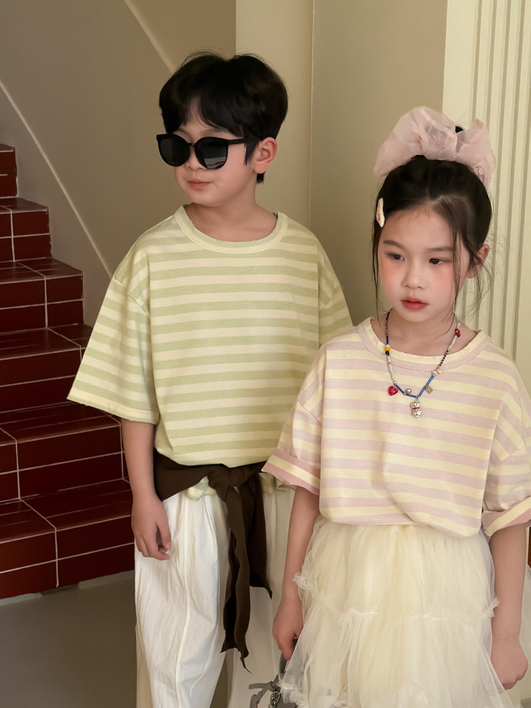 末小蒙童T恤2026夏季男童女童韩版条纹宽松短袖儿童休闲百搭上衣