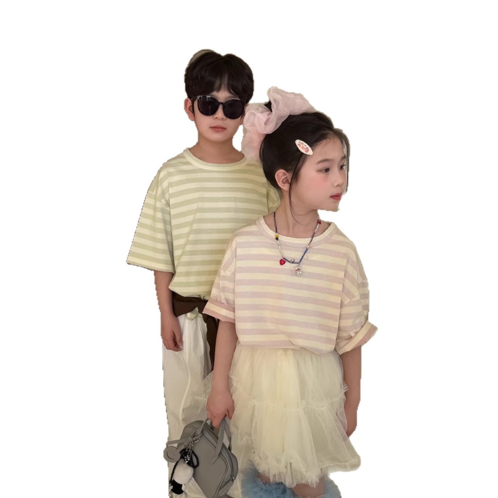 末小蒙童T恤2026夏季男童女童韩版条纹宽松短袖儿童休闲百搭上衣
