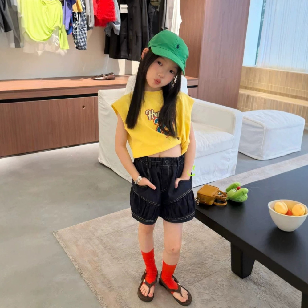 女童套装26夏季新款韩版休闲字母坎肩背心织里童装中大童牛仔短裤