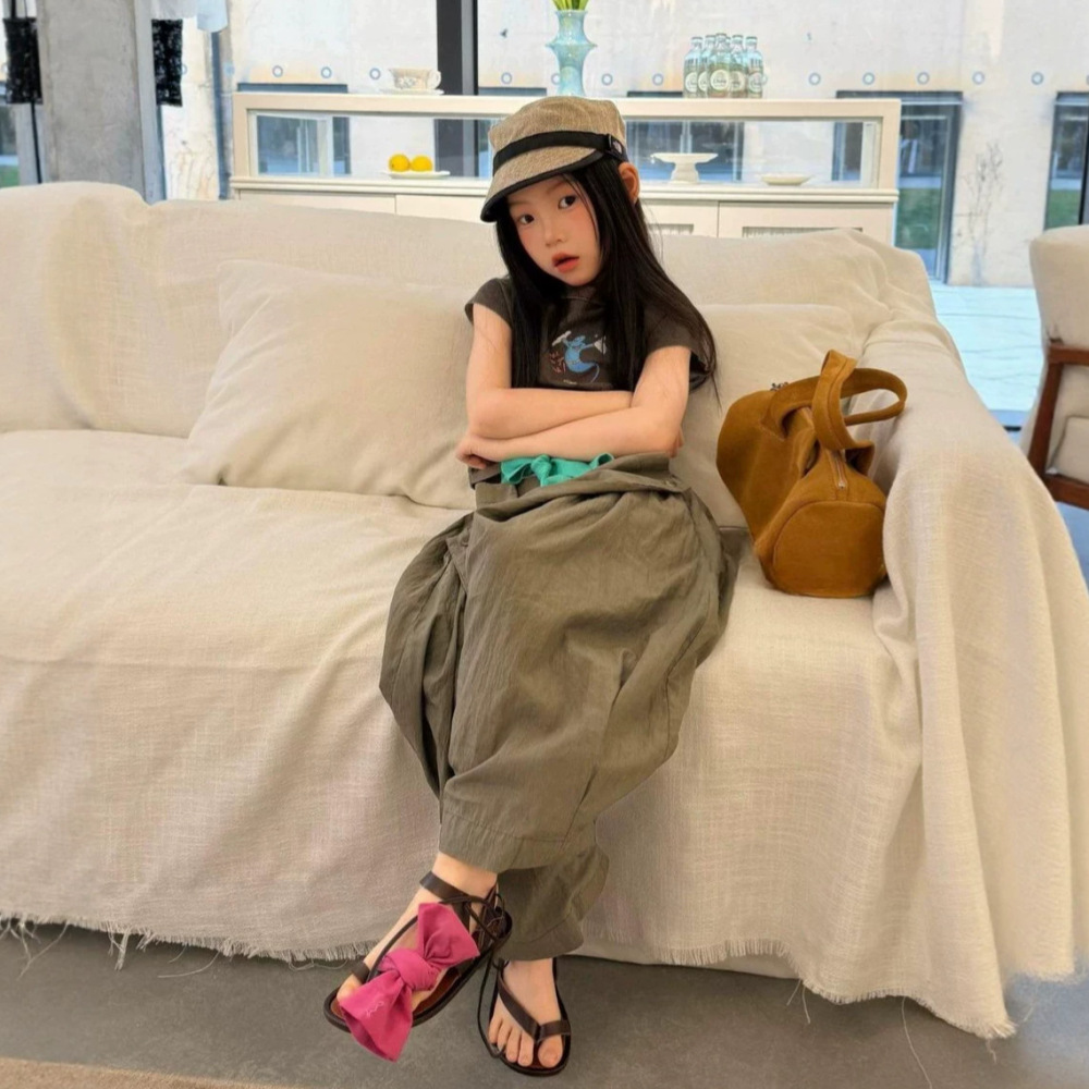 女童套装26夏新款韩版修身卡通短袖织里童装中大童个性洋气休闲裤