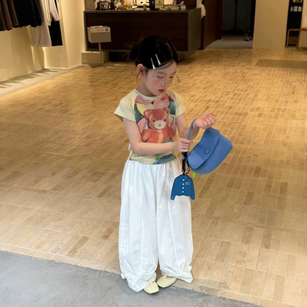 女童套装26夏季新款韩版卡通熊短袖织里童装洋气时髦气球休闲裤潮