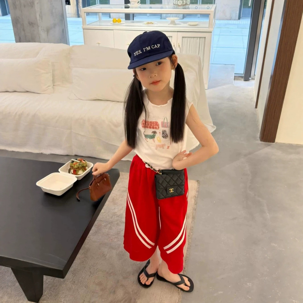 女童套装26夏季新款卡通木耳边背心织里童装休闲拉条宽松阔腿裤潮