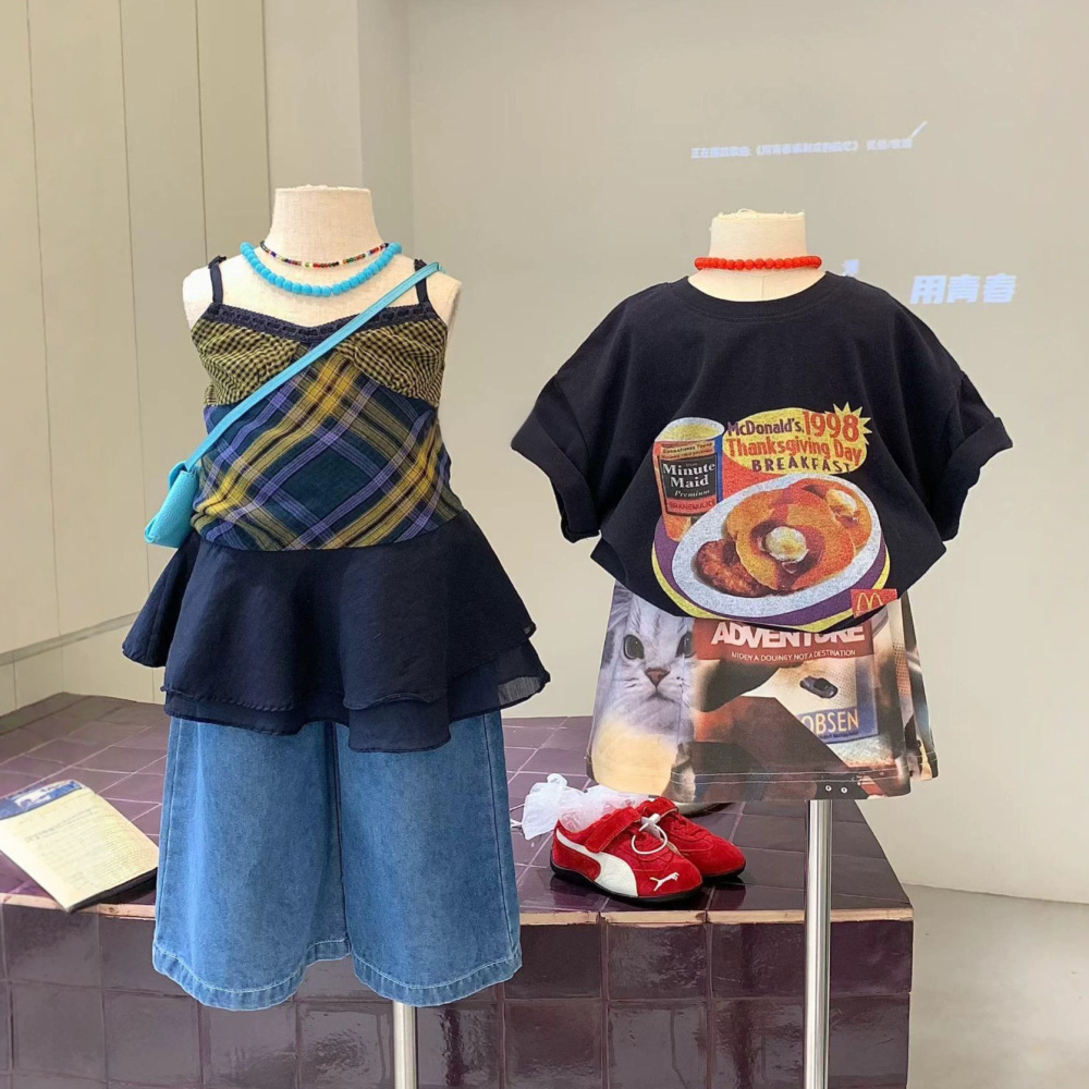 女童套装26夏季新款美式洋气拼接吊带小衫织里童装搭阔腿牛仔裤