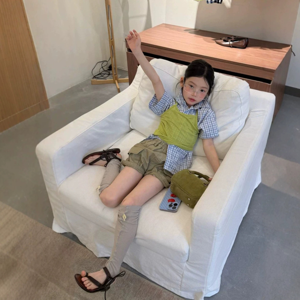 女童套装26夏新款韩系叠穿短袖格子衬衣针织背心织里童装辣妹短裤