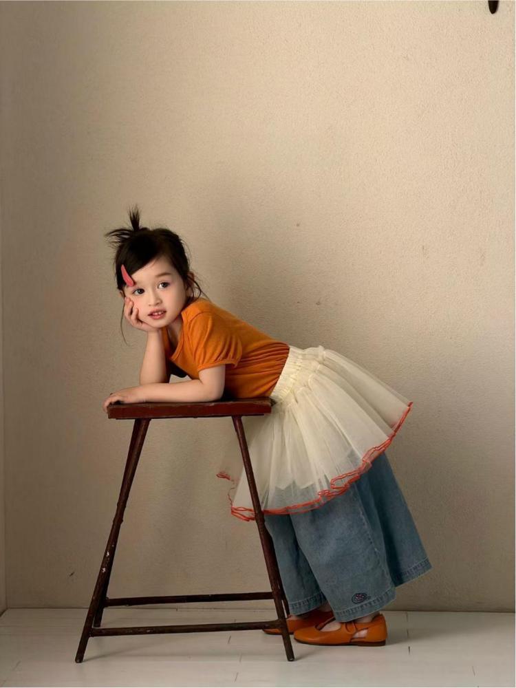 女童套装26夏季新款韩版简约泡泡袖短袖织里童装儿童牛仔阔腿裤潮