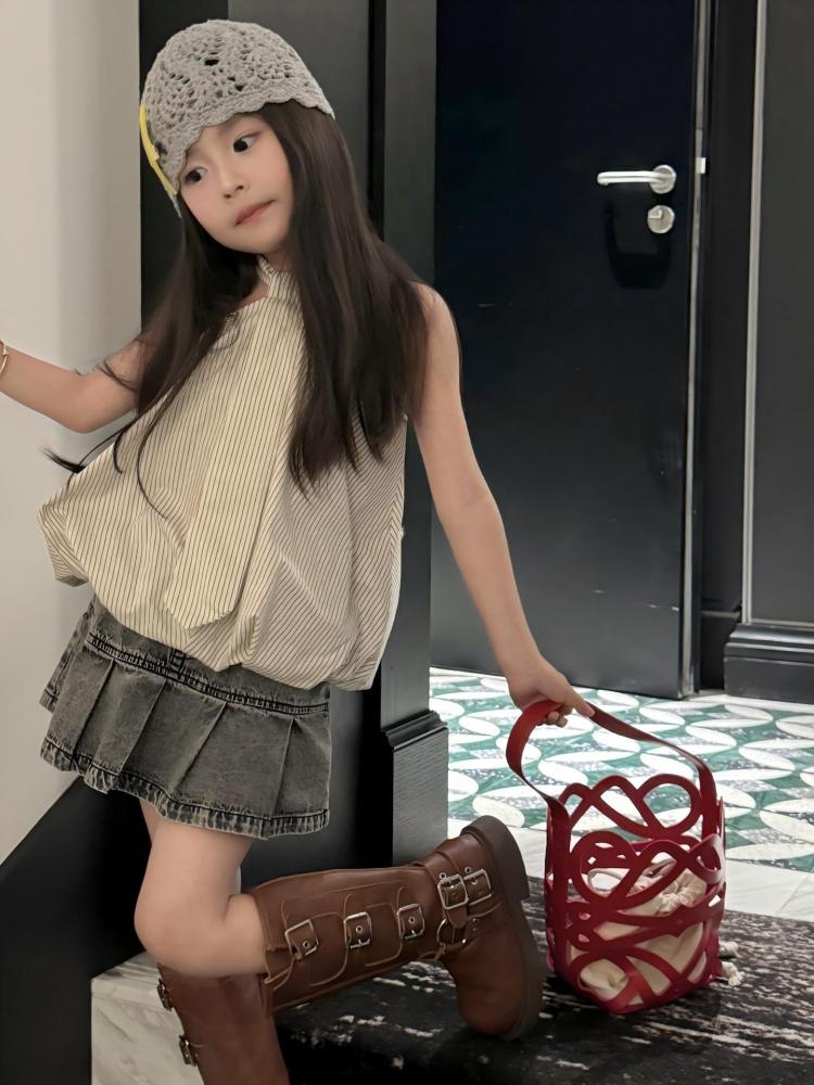 女童套装26夏新款美式洋气条纹挂脖小衫织里童装牛仔百褶裙潮外贸