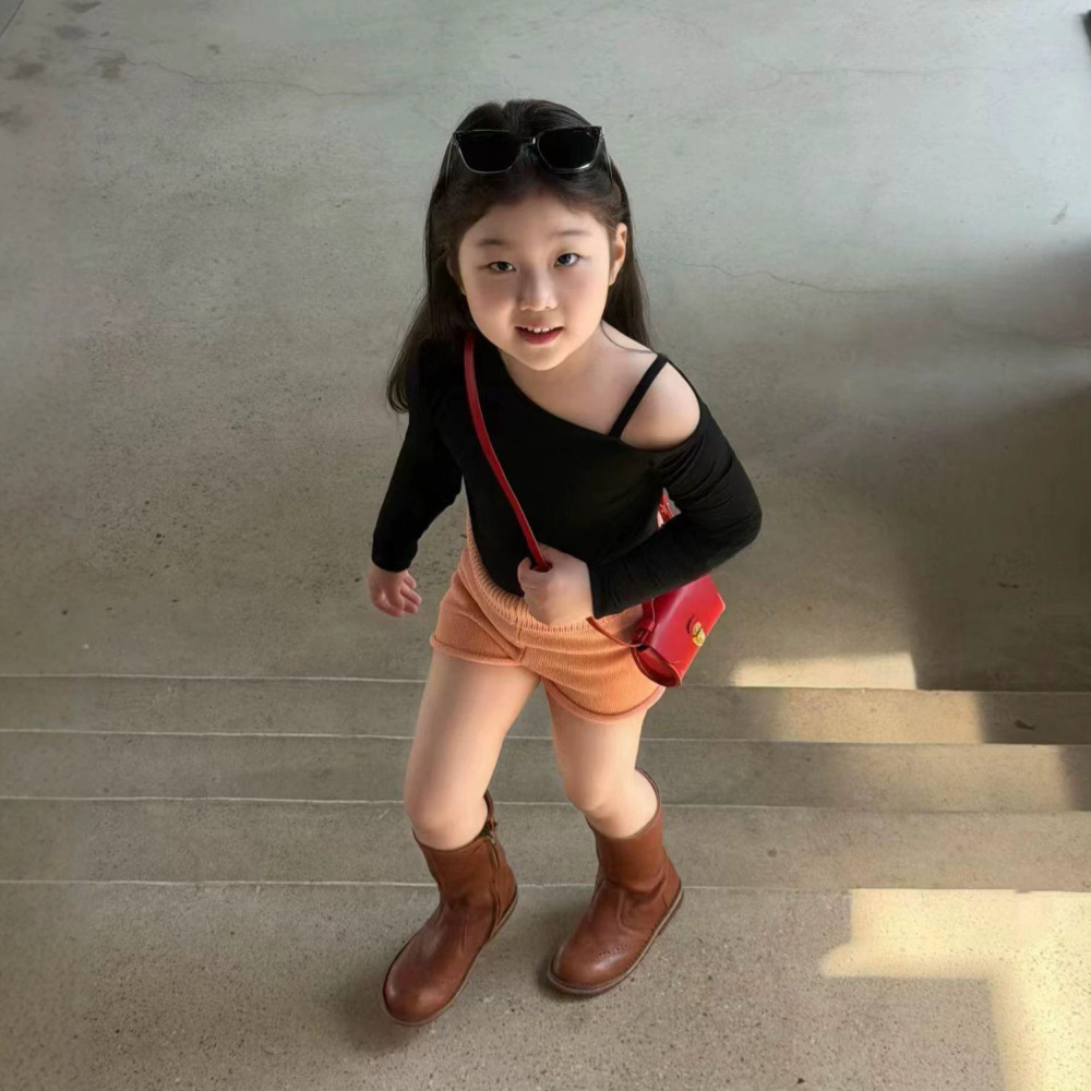 女童套装26夏新韩版ins辣妹风斜肩吊带修身长袖防晒t高腰针织裤潮