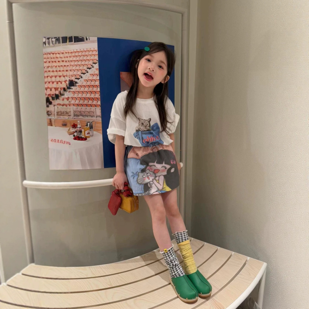 女童套装26夏季新款美式闲搭猫咪宽版短袖织里童装小女孩半身裙潮