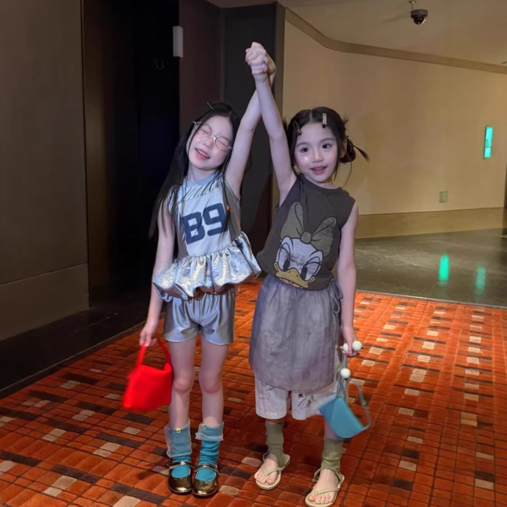 女童套装26夏季新款美式运动裙摆背心织里童装中大童简短裤外贸