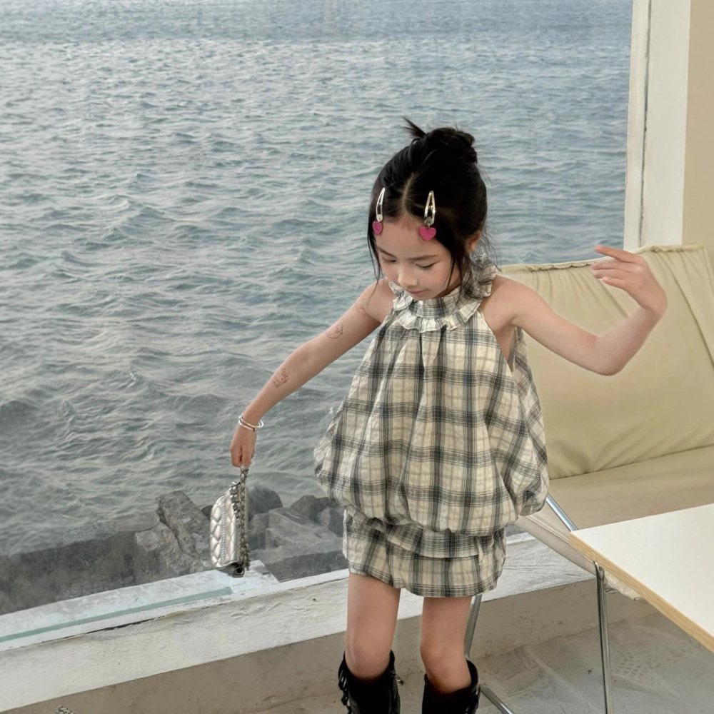 女童套装26夏季新款韩系格纹挂脖无袖小衫织里童装小众花苞裙外贸