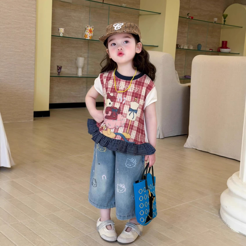 韩国童装26夏季女童格子拼接kt可爱短袖儿童卡通洋气牛仔裤两件套