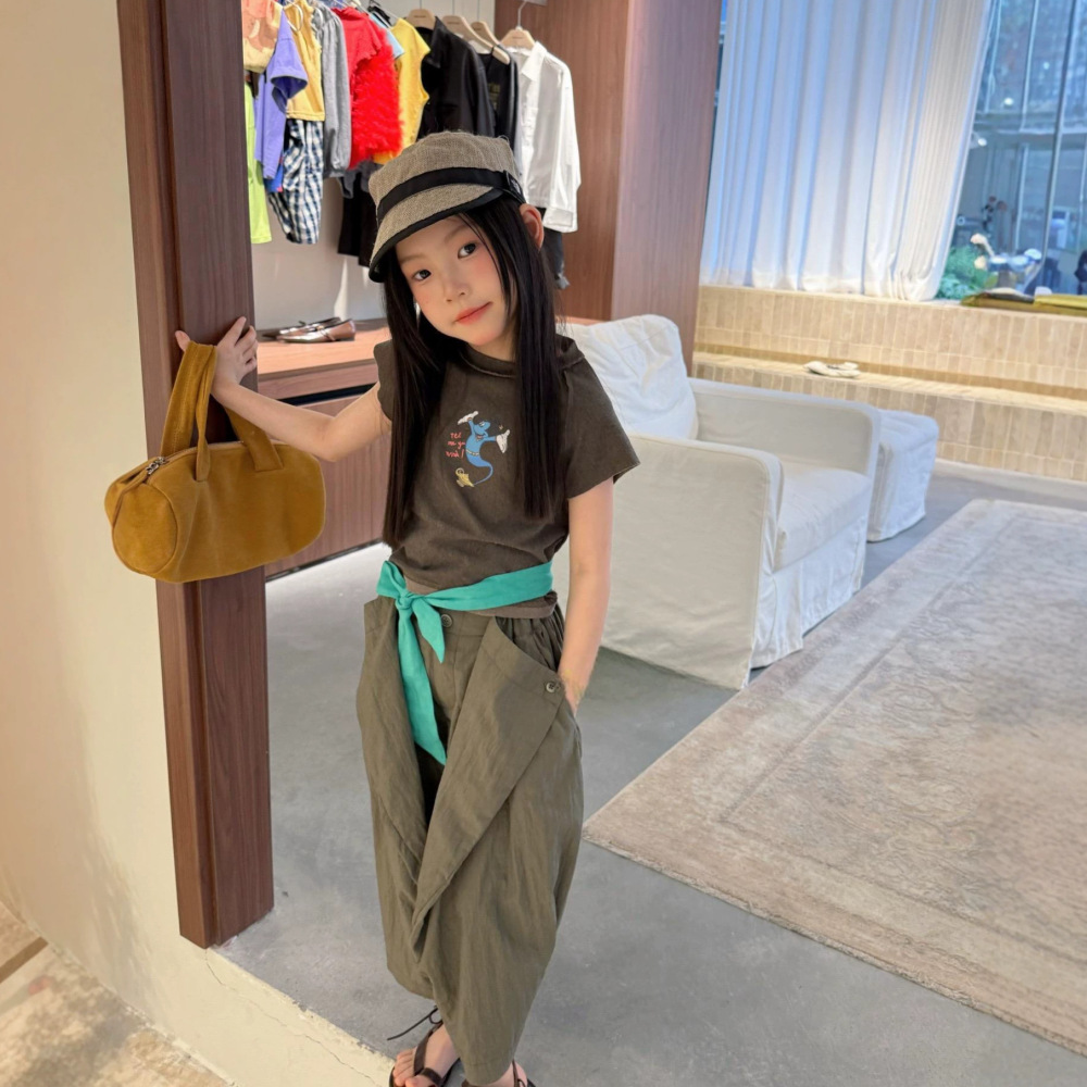 女童套装26夏新款韩版修身卡通短袖织里童装中大童个性洋气休闲裤