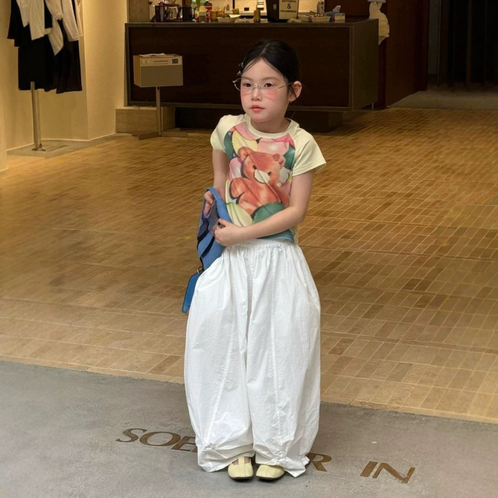 女童套装26夏季新款韩版卡通熊短袖织里童装洋气时髦气球休闲裤潮