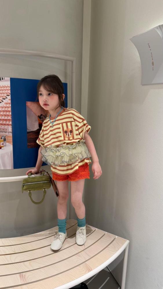 女童套装26夏季新款韩版条纹米奇宽版短袖织里童装女宝泡泡皱短裤