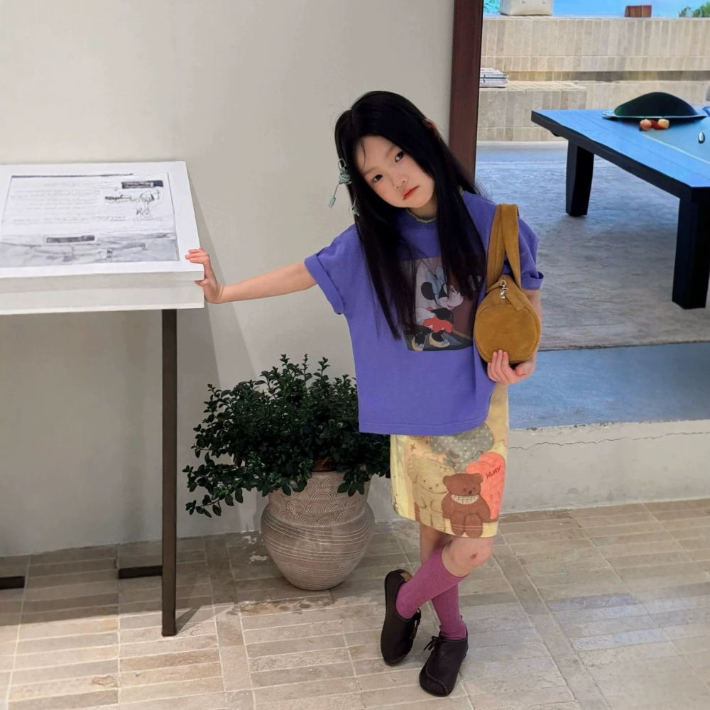 女童套装26夏季新款韩版米奇宽松休闲t织里童装小熊涂鸦半身裙潮
