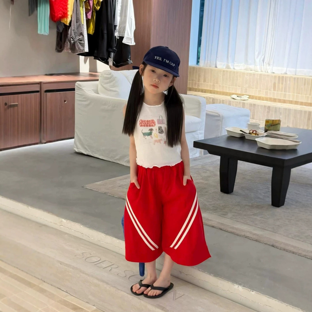 女童套装26夏季新款卡通木耳边背心织里童装休闲拉条宽松阔腿裤潮