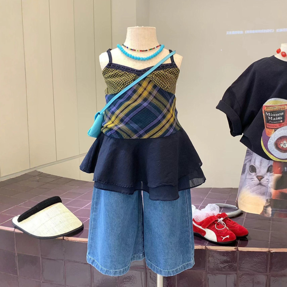 女童套装26夏季新款美式洋气拼接吊带小衫织里童装搭阔腿牛仔裤