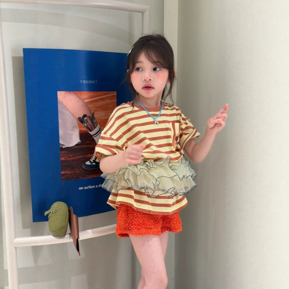 女童套装26夏季新款韩版条纹米奇宽版短袖织里童装女宝泡泡皱短裤