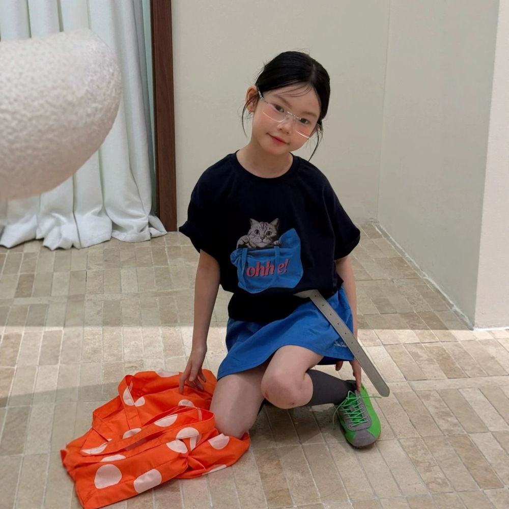 女童套装26夏季新款韩版卡通猫咪短袖织里童装中大童休闲半身裙潮