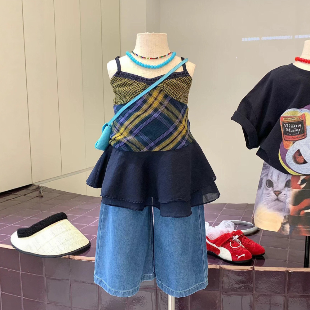 女童套装26夏季新款美式洋气拼接吊带小衫织里童装搭阔腿牛仔裤