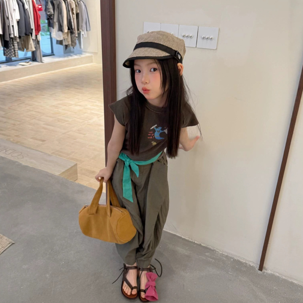 女童套装26夏新款韩版修身卡通短袖织里童装中大童个性洋气休闲裤