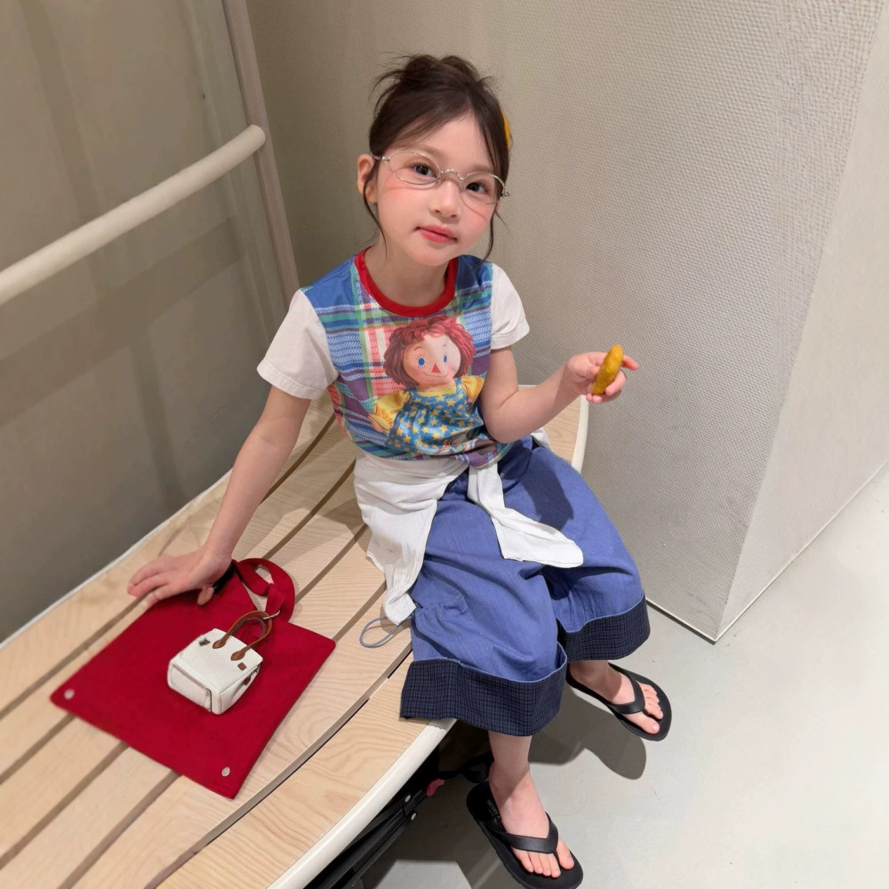女童套装26夏季新款韩版卡通娃娃可爱短袖织里童装儿童翻边中裤潮