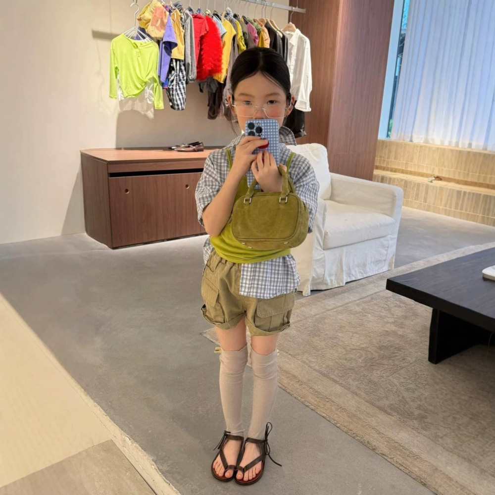 女童套装26夏新款韩系叠穿短袖格子衬衣针织背心织里童装辣妹短裤