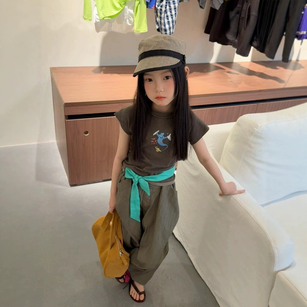 女童套装26夏新款韩版修身卡通短袖织里童装中大童个性洋气休闲裤