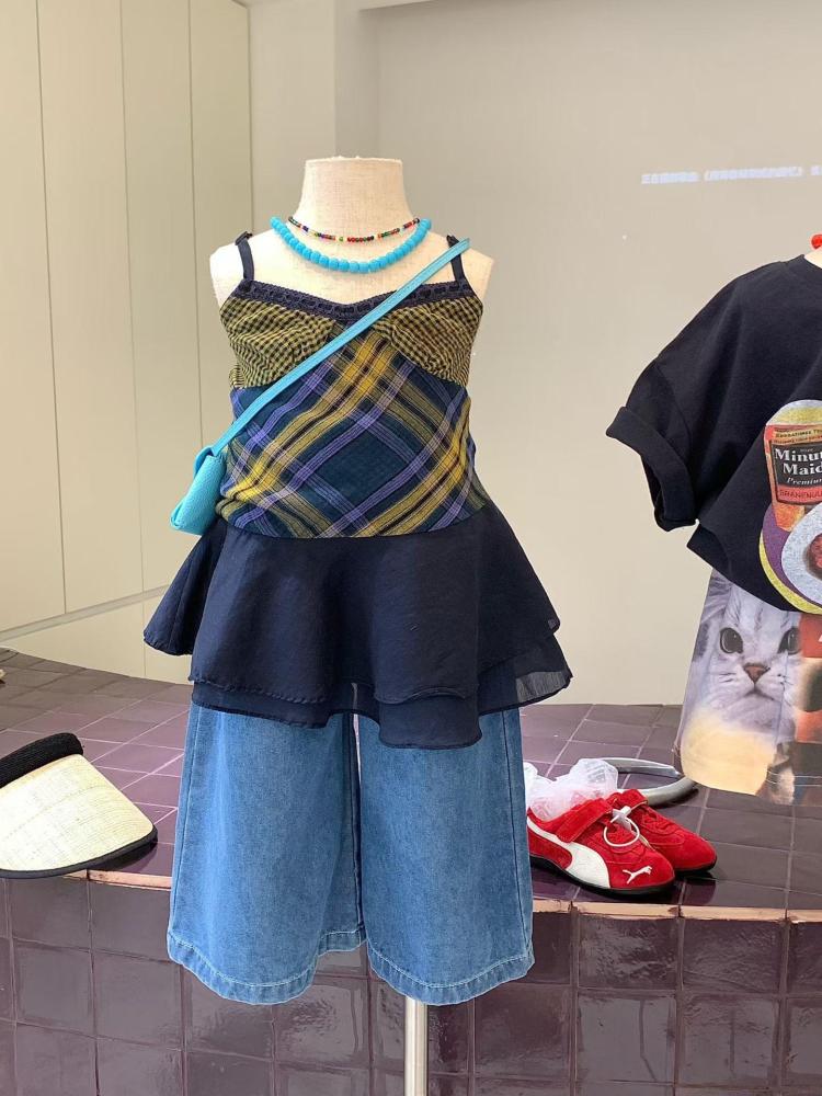 女童套装26夏季新款美式洋气拼接吊带小衫织里童装搭阔腿牛仔裤