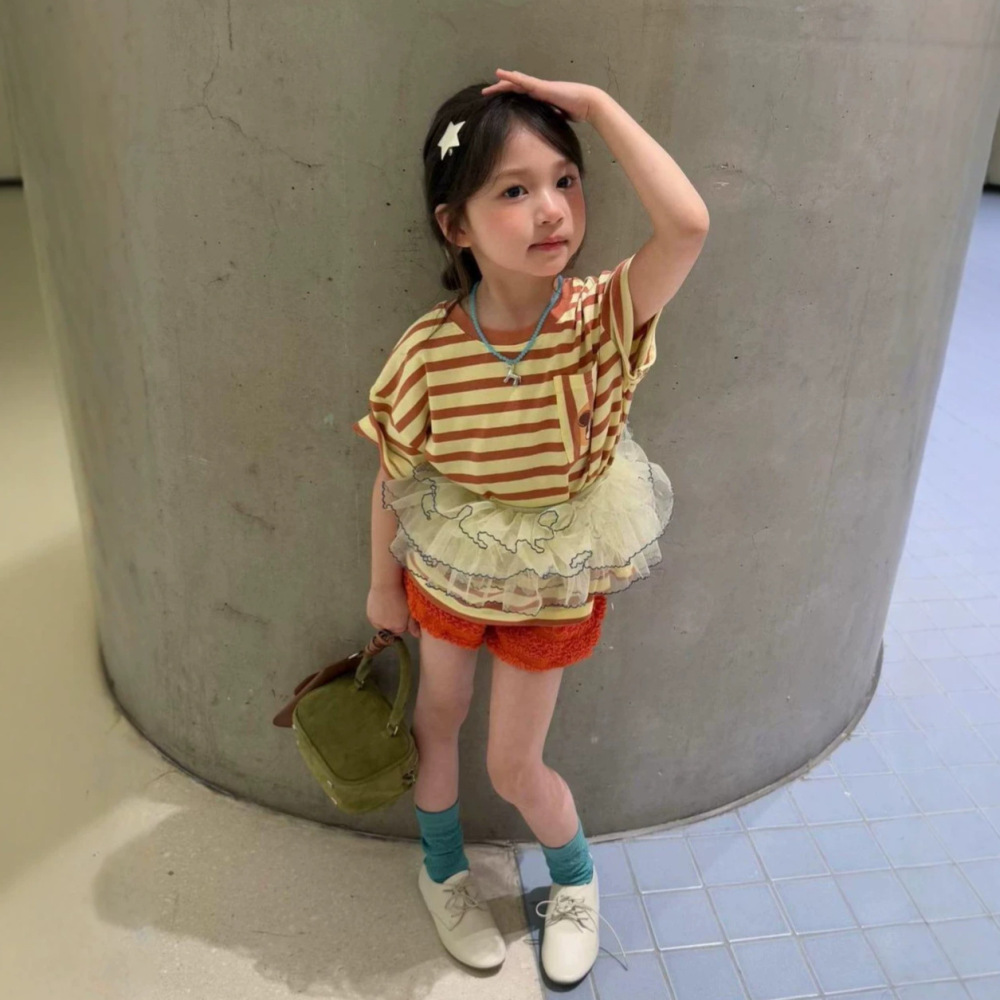 女童套装26夏季新款韩版条纹米奇宽版短袖织里童装女宝泡泡皱短裤