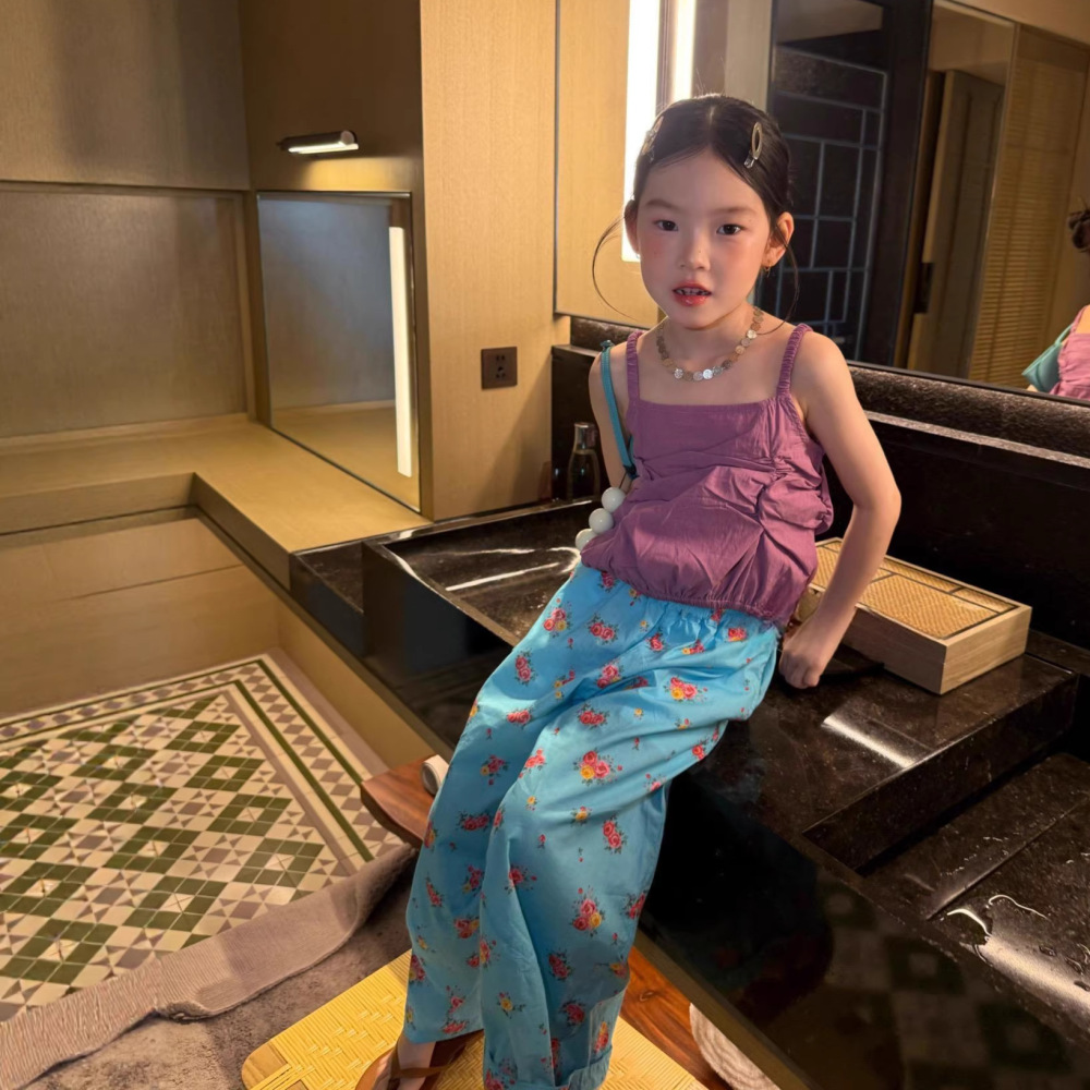 女童套装26夏新款韩系吊带衫织里童装美式洋气中大童碎花阔腿裤潮
