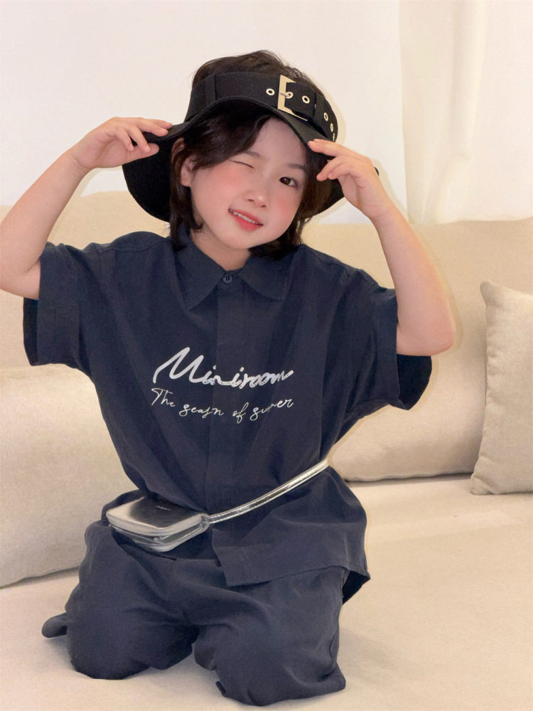 2026夏季新款韩版儿童设计师款字母印花衬衫套装男女童时尚两件套