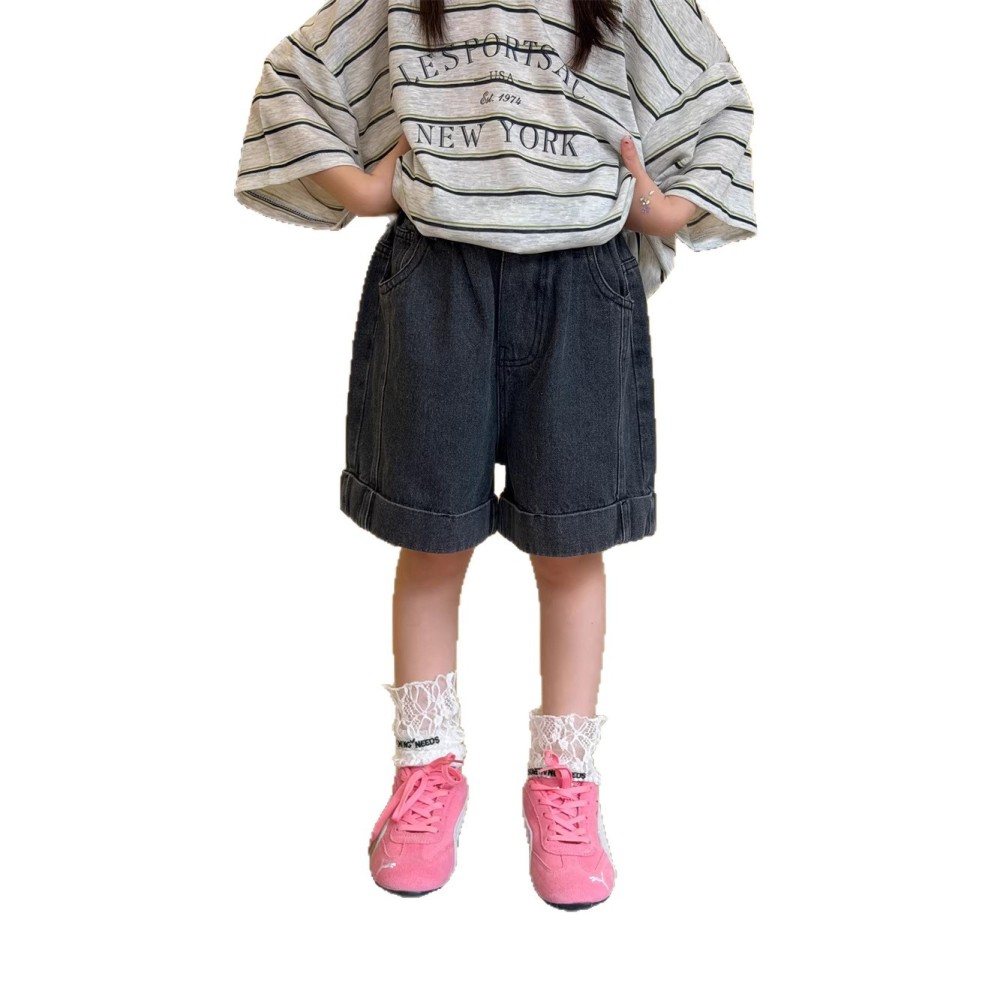 2026夏季新款韩版儿童卷边宽松牛仔短裤男女童A字版拼接休闲中裤