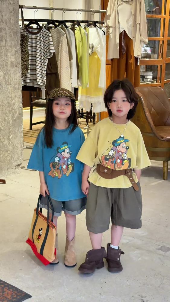 2026夏季新款韩版儿童卡通做旧短袖男女童时尚砂洗圆领软糯T恤潮
